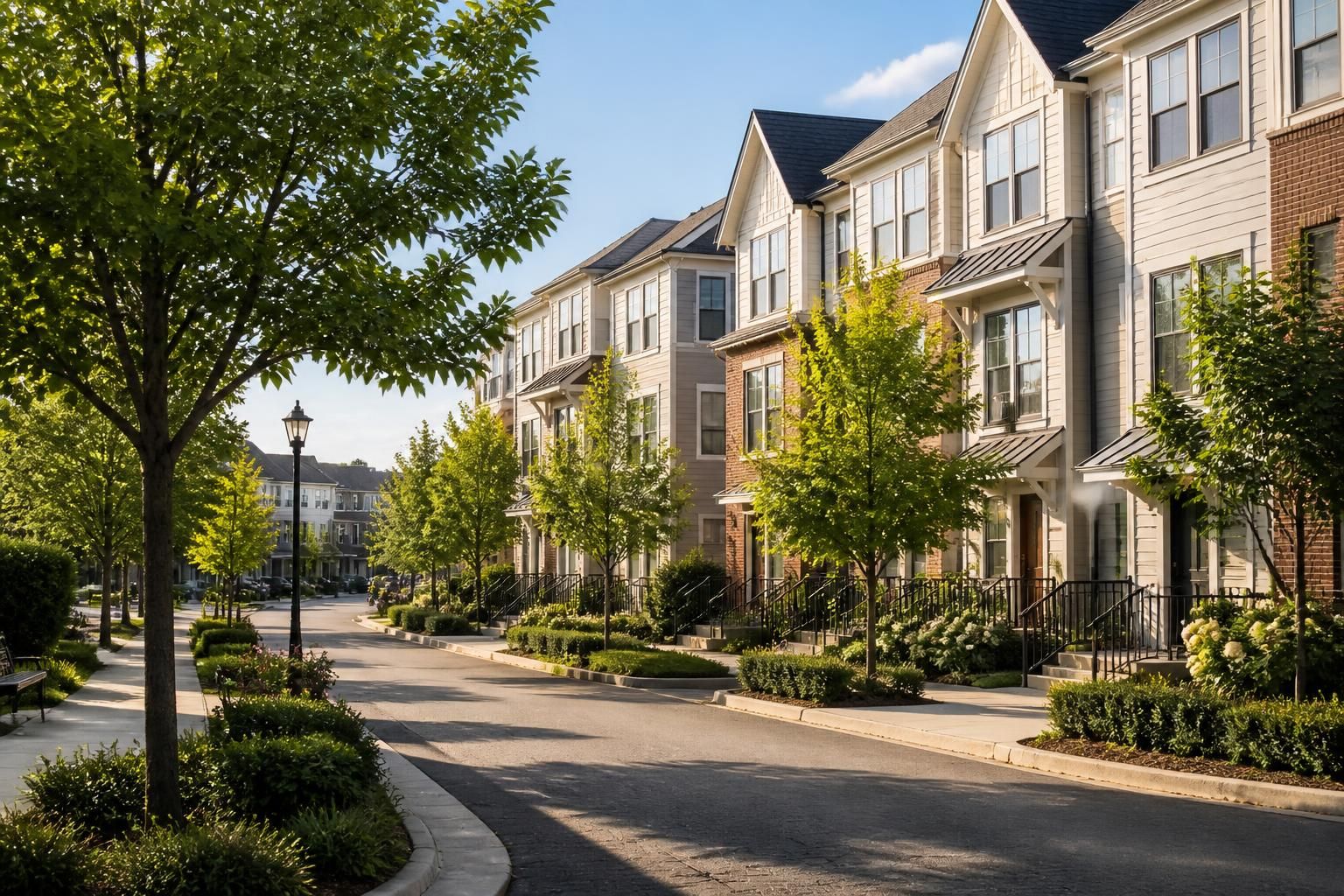 Planned community with townhomes and tree-lined streets.