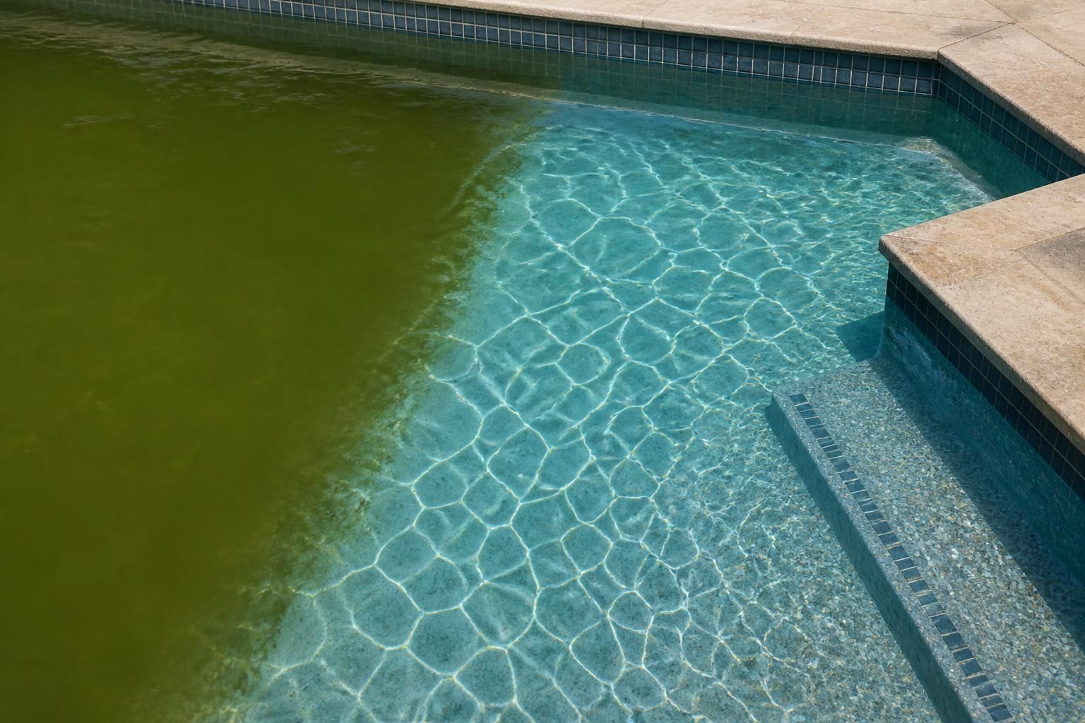 Pool water restored from green algae to clear blue.
