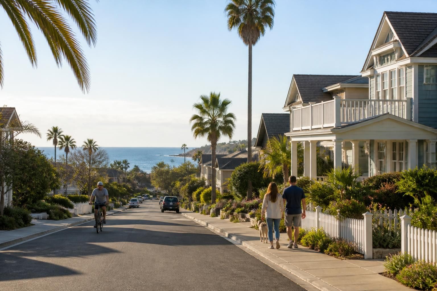 Relaxed coastal neighborhood with palm trees and clean streets.