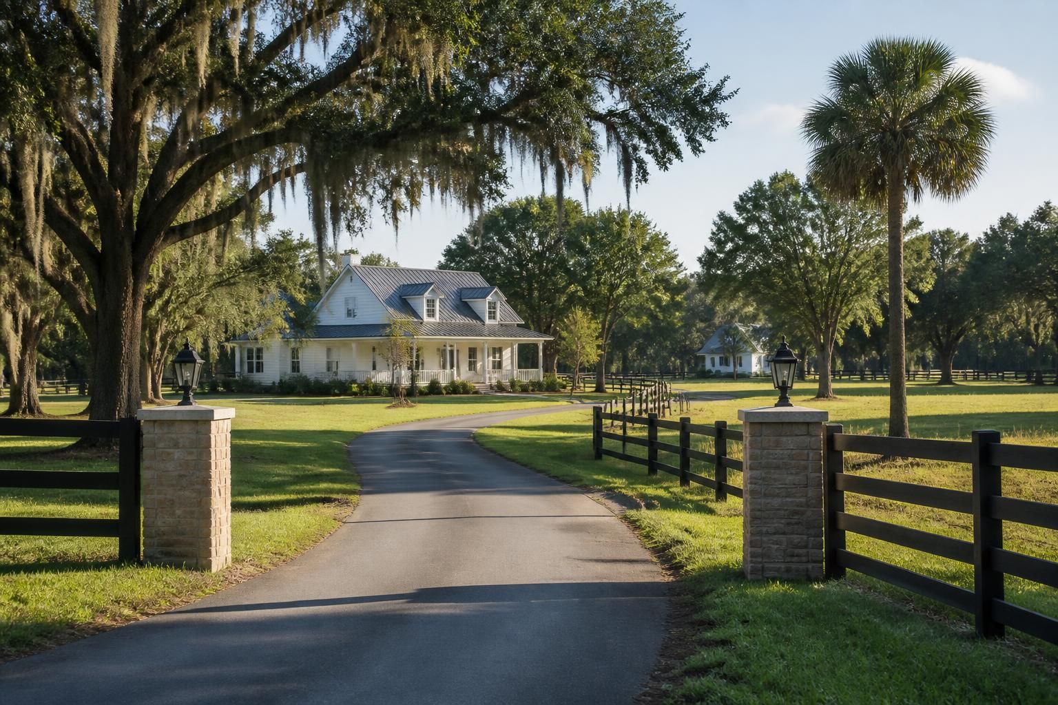 Quiet rural neighborhood with spacious homes and greenery.