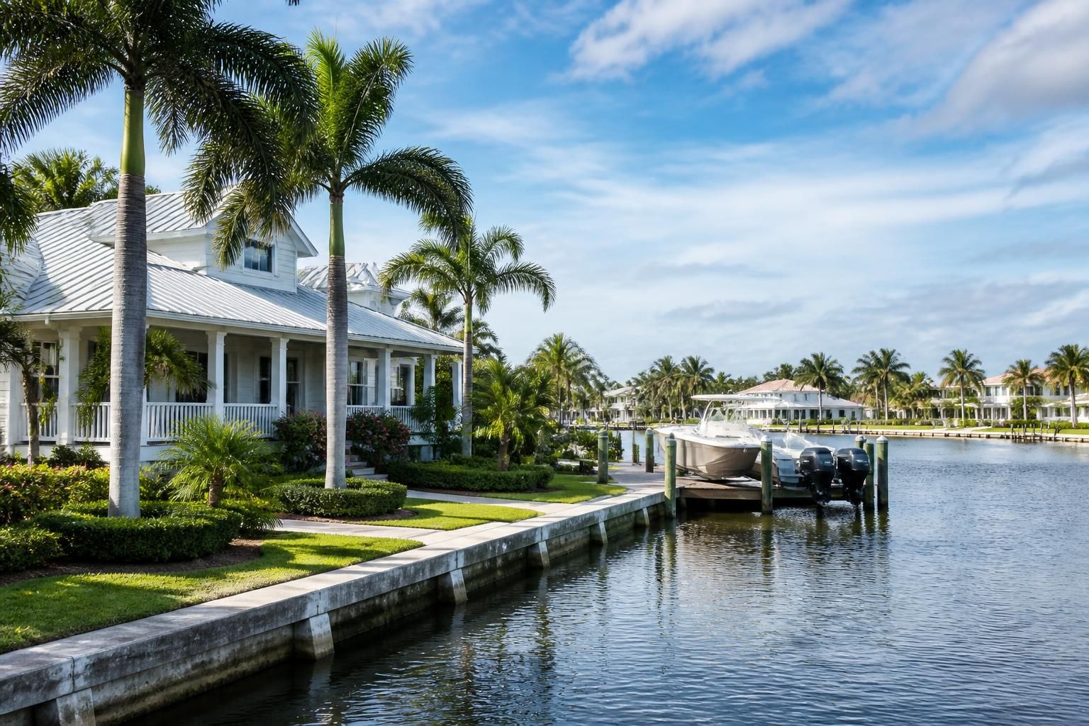 Waterfront suburb with tidy homes and palm trees.