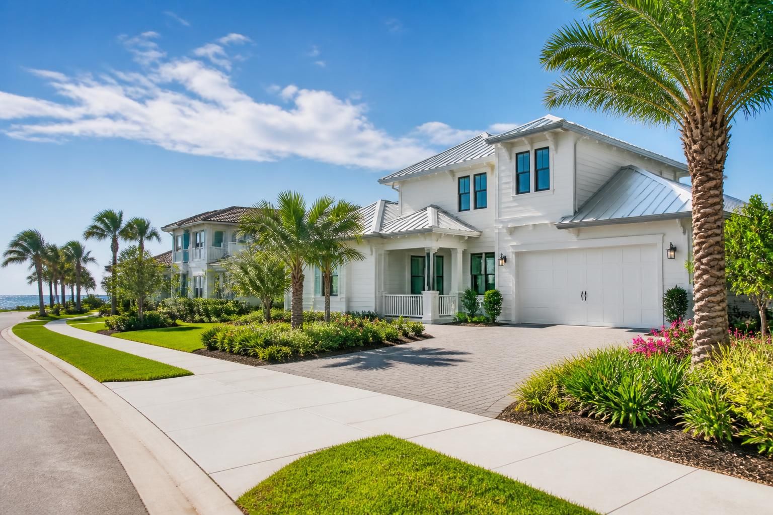 Modern coastal suburb with lush landscaping and bright skies.