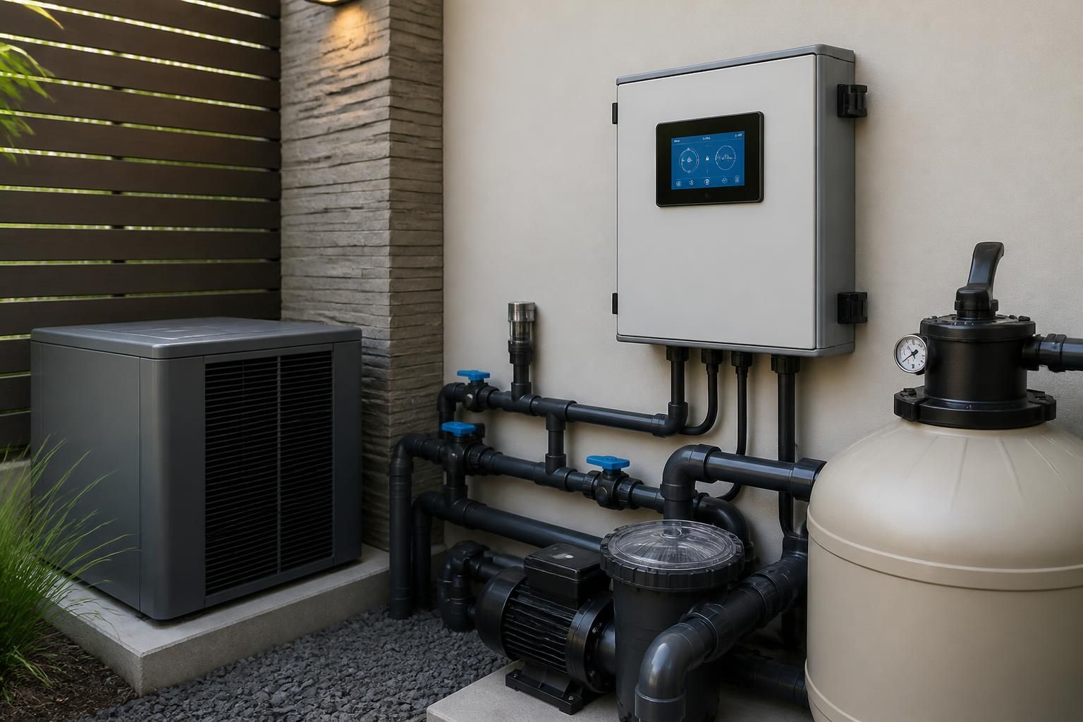 Pool automation control panel in a clean equipment area.