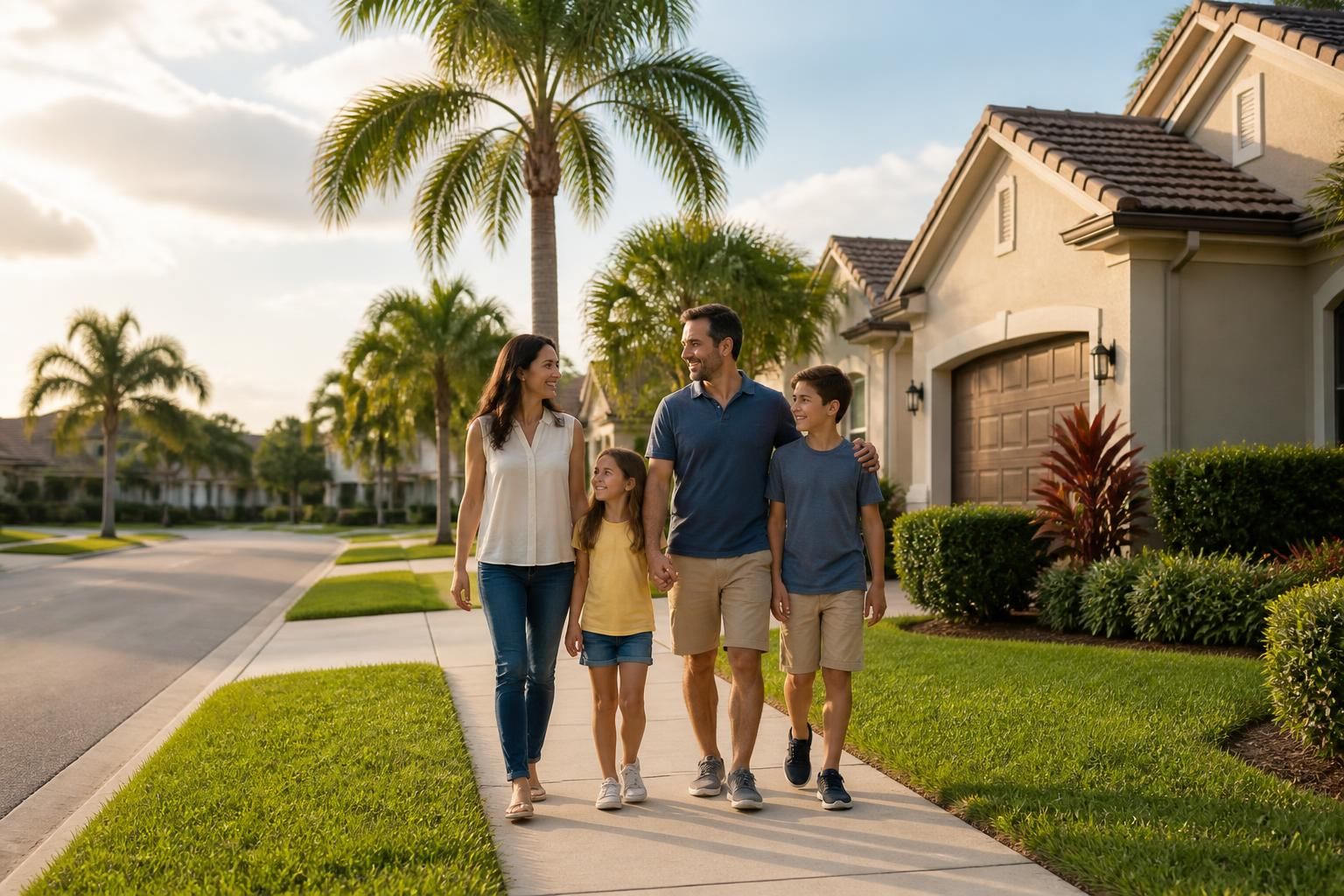 Family-friendly suburb with clean streets and palm trees.