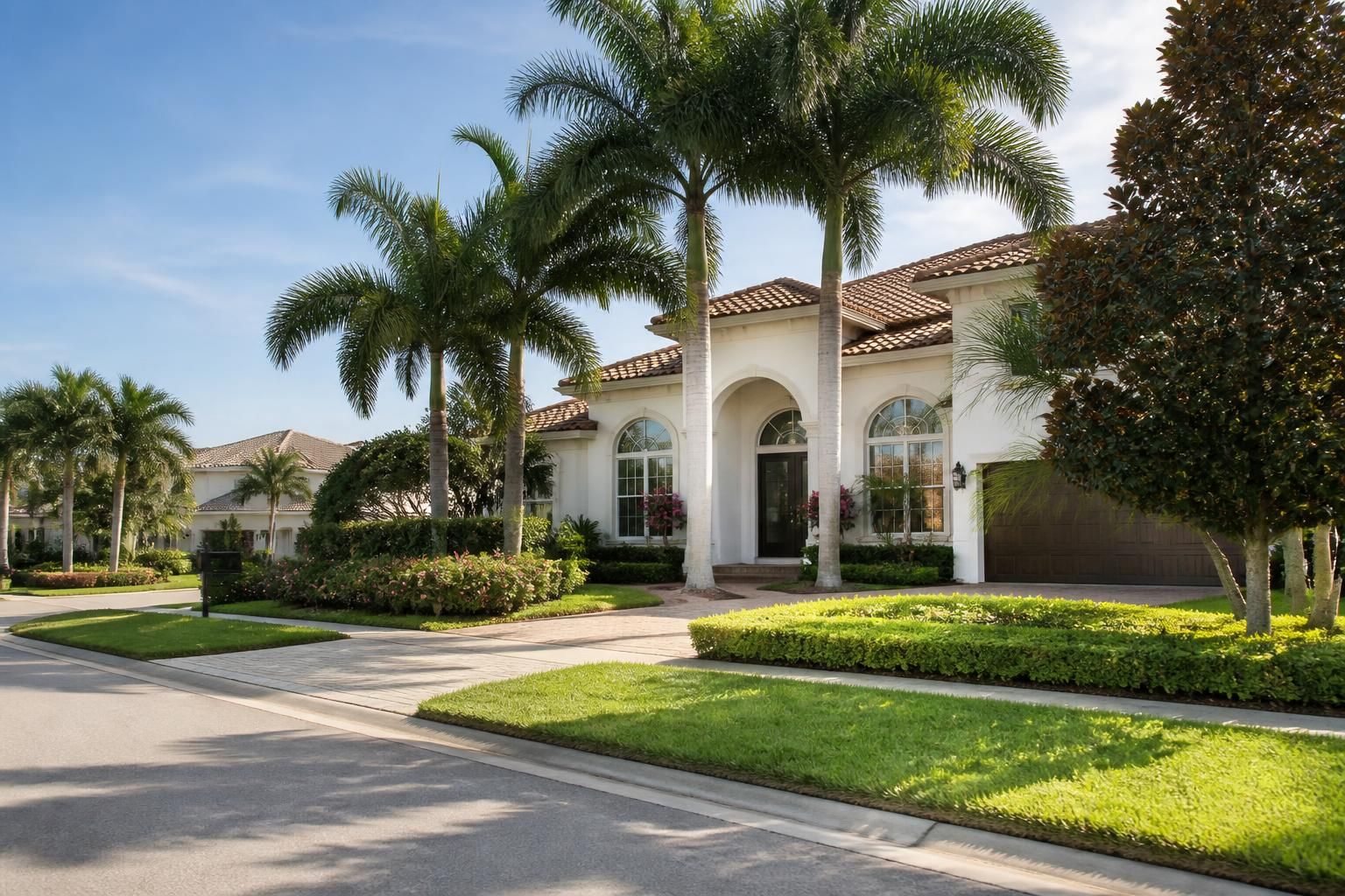 Upscale neighborhood with manicured lawns and palm trees.