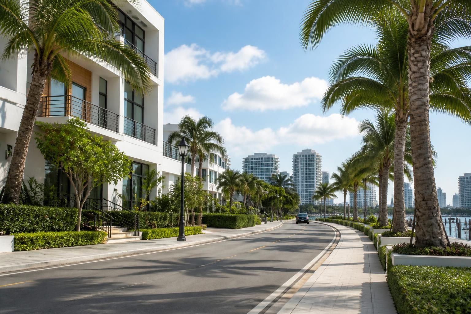 Urban coastal neighborhood with modern buildings and palm trees.