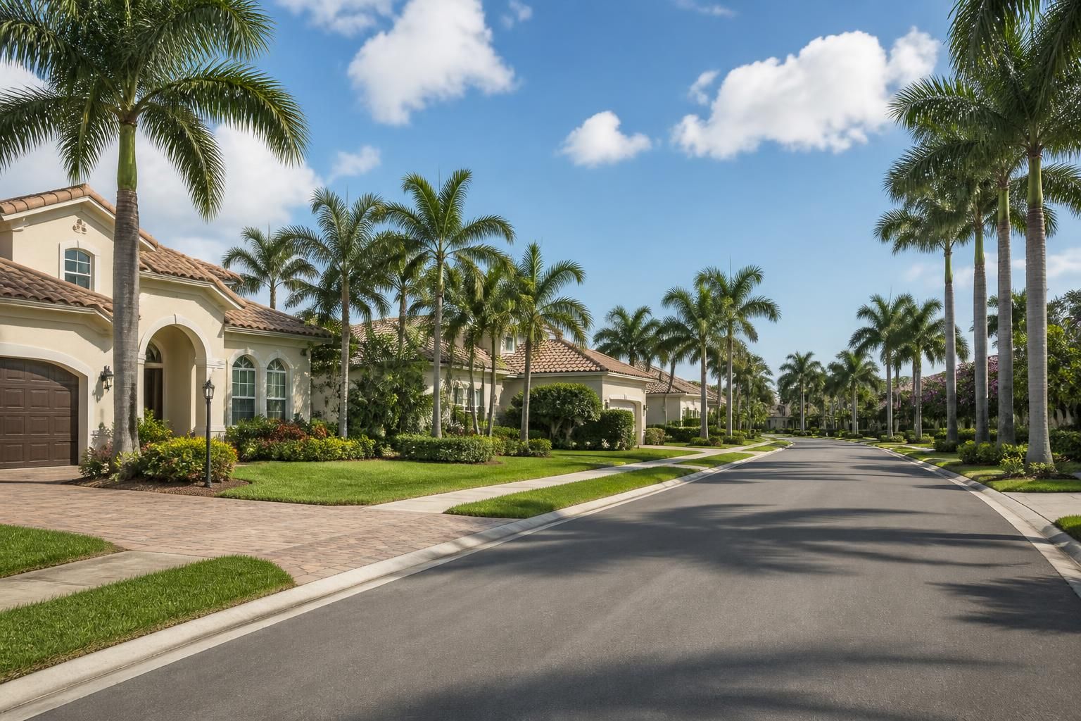 Palm-lined suburban neighborhood with well-kept homes.